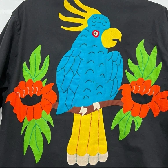 Hand Appliquéd & Embroidered Mola Style Black Cotton Button Up Men’s Shirt Sz L - Picture 2 of 9